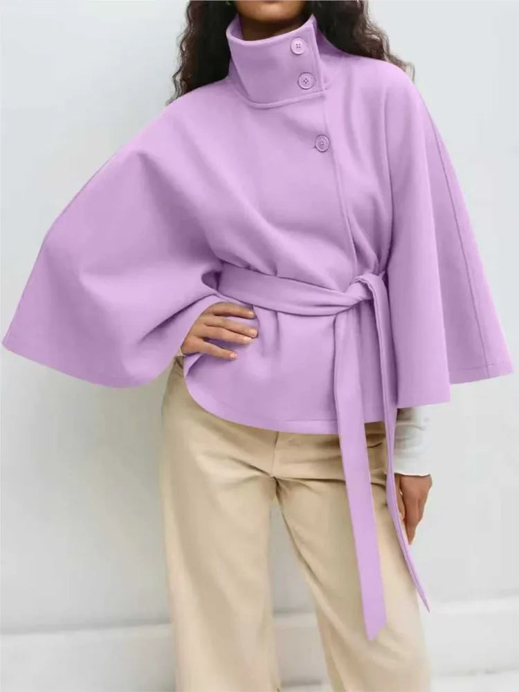 Autumn And Winter New Fashion Solid Color Cloak Stand-up Collar Button Belt Windbreaker Jacket Women's Temperament Commuting Top