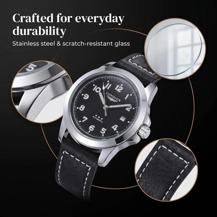 LONGLUX Men Automatic Watch Vintage Pilot Business Classic Military Mechanical Watches Date Waterproof Luminous Leather Gift