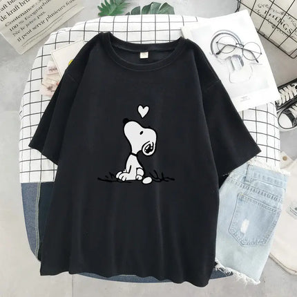 New 2026 Snoopy Cartoon Anime Women's T-shirt, White Cotton Short Sleeve Summer T-shirt, Fashion Top for Couples