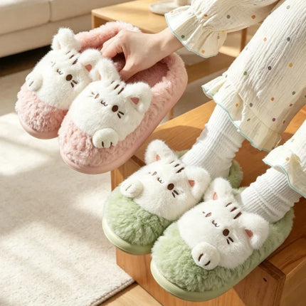 Women's Cute Cat Plush Cotton Slippers Autumn & Winter Home Anti Slip Thick Bottom Cotton Slippers Soft and Warm Indoor Slippers