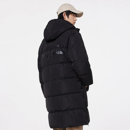 Metersbonwe Men's Long Hooded Down Jacket  Male Stand Collar Jacket with Hem Side Zipper Letter Printing Duck Down Padded Brand
