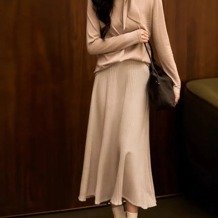 Birdtree,90% Wool 10% Cashmere Knitted Skirt For Women,Mid-Waist Casual Long Skirts,Commuting Style,2026 Spring New D61337JF PlatiNum