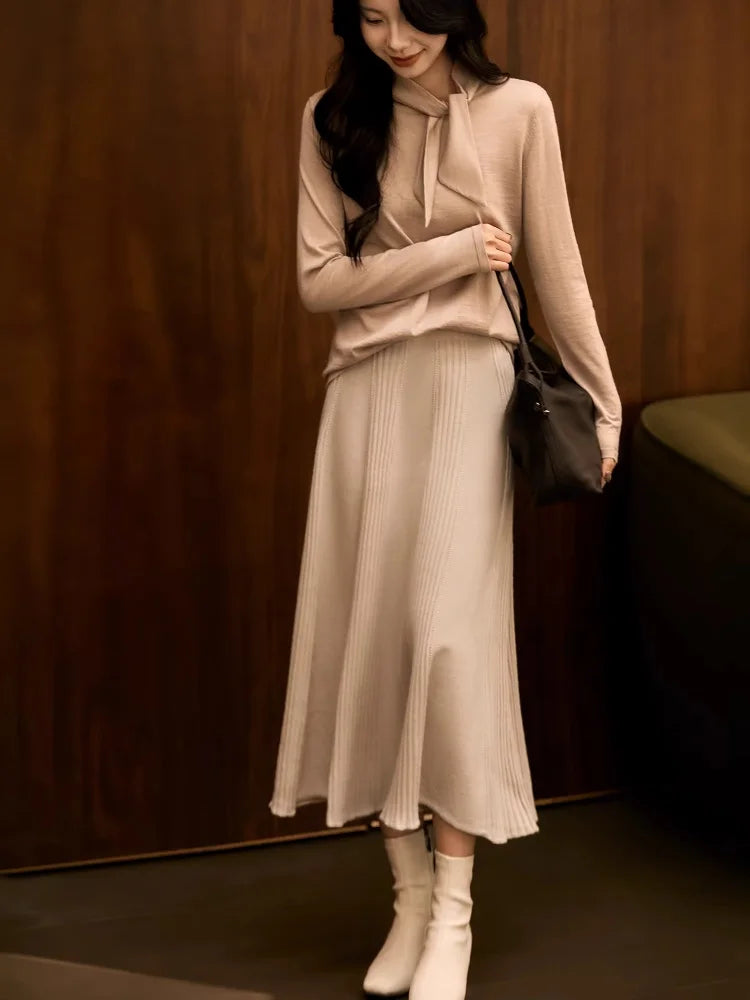 Birdtree,90% Wool 10% Cashmere Knitted Skirt For Women,Mid-Waist Casual Long Skirts,Commuting Style,2026 Spring New D61337JF PlatiNum