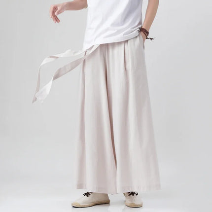 Pantaloni retrò in cotone e lino stile cinese Uomo Kimono estivo Pantaloni tradizionali in tinta unita Pantaloni casual a gamba larga streetwear maschile