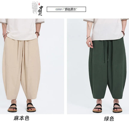 Pantaloni Harem in Cotone e Lino da Uomo, Casual, Traspiranti, Comodi, Estivi, Lunghezza al Polpaccio, Taglie Forti fino a 5XL