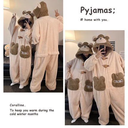 DAIMELU bear cartoon sleepwear long sleeved pajamas men winter thickened warm coral fleece flannel one-piece male loungewear set