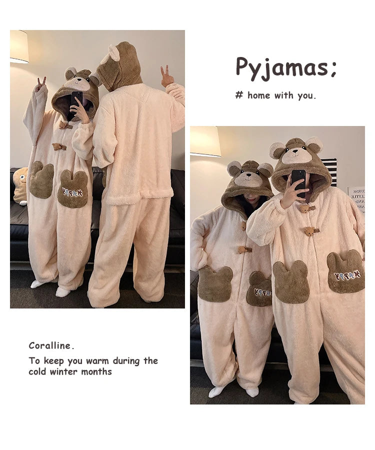 DAIMELU bear cartoon sleepwear long sleeved pajamas men winter thickened warm coral fleece flannel one-piece male loungewear set