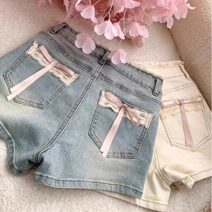 Lace Bow Denim Shorts Women's Summer New High Waisted Large Size Short Jeans Trend Raw Edge Spicy Girl High Street Hot Pant PlatiNum