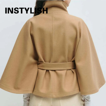 Women Lace Up High Neck Jackets for Women with Belt Elegant Windbreaker Faux Wool Blends Cape Korean Solid Windbreaker Cloak