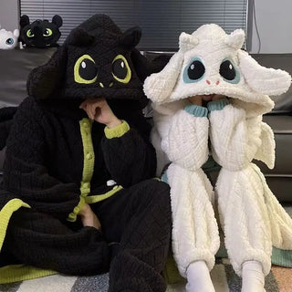 Anime Toothless Boy and Girl Winter Pajama Robe Kawaii Y2K Role-Playing Birthday Gift Thick Coral Velvet Warm Home Clothes Set
