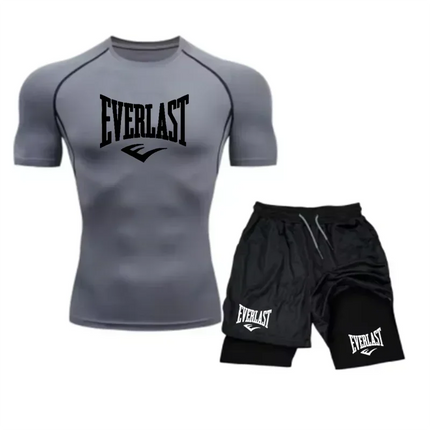 EVERLAST Camicia da Compressione da Uomo + Pantaloncini Sportivi 2 in 1 Set da 2 Pezzi per Il Tempo Libero Respiro Manica Corta Sport Jogging Palestra Marchio di Abbigliamento Stampa platinumshop