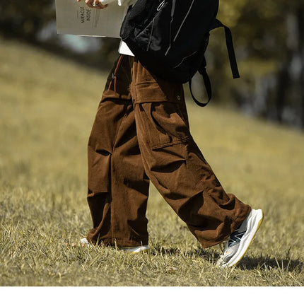 2025 autumn and winter new retro brown corduroy multi pocket workwear pants for men, loose drawstring elastic waist pants