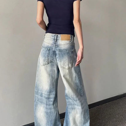 Jeans Vintage da Donna, Stile Americano Retrò, Gamba Larga Y2k, Vita Alta, Blu Chiaro, Pantaloni da Cowboy