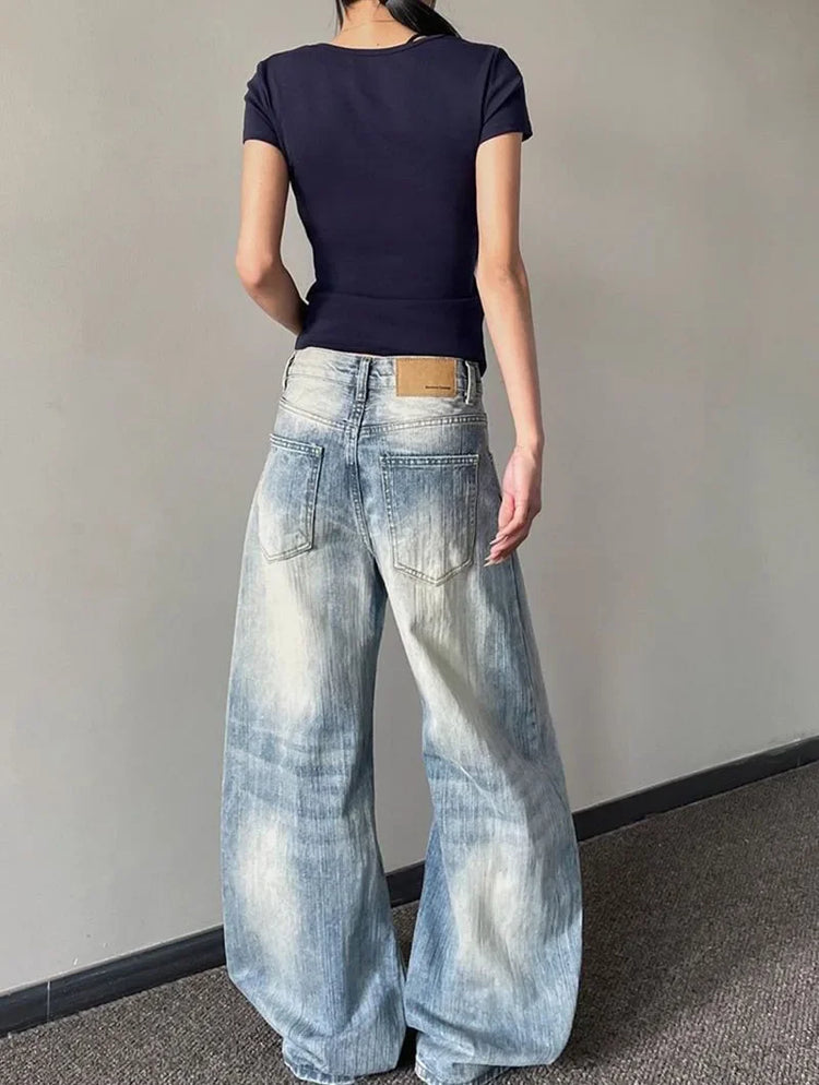 Jeans Vintage da Donna, Stile Americano Retrò, Gamba Larga Y2k, Vita Alta, Blu Chiaro, Pantaloni da Cowboy