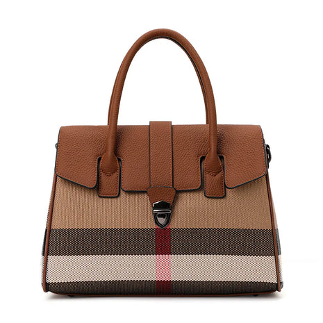 Borsa a Tracolla in Tela a Righe Multicolore con Dettagli in Ecopelle, Manico Superiore e Tracolla Regolabile per Donna