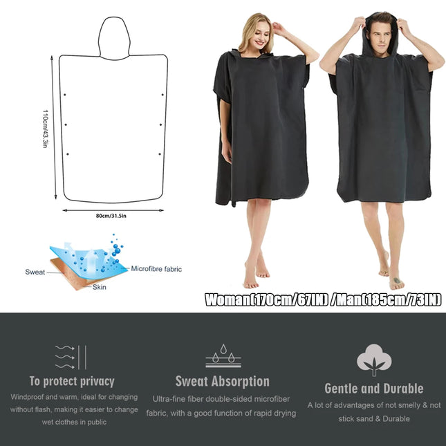 Hooded Surf Poncho Towel Quick Dry Terry Changing Robe for Adults Surfing Swimming Beach Water Sports Ocean Essential Acc