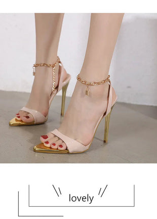 New Summer Sandals Women Fashion Gold Chain Ankle Strap Sexy Peep Toe Ladies Metal High Heels Sandals Woman Party Shoes Pumps PlatiNum