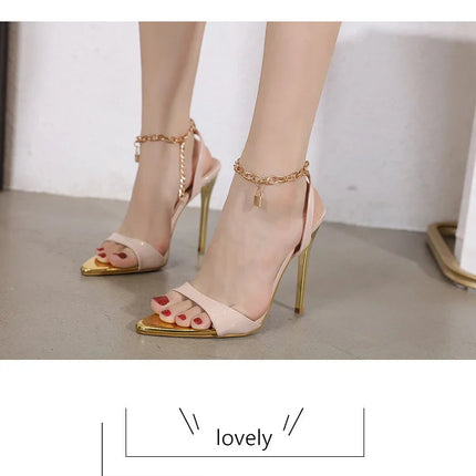 New Summer Sandals Women Fashion Gold Chain Ankle Strap Sexy Peep Toe Ladies Metal High Heels Sandals Woman Party Shoes Pumps PlatiNum