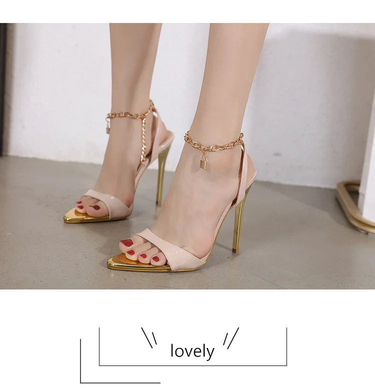 New Summer Sandals Women Fashion Gold Chain Ankle Strap Sexy Peep Toe Ladies Metal High Heels Sandals Woman Party Shoes Pumps PlatiNum