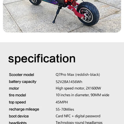 Monopattino elettrico fuoristrada BOYUEDA Q7Pro con motore da 1600W, batteria da 52V 19AH, pneumatici da 10 pollici, pieghevole, con sedile rimovibile