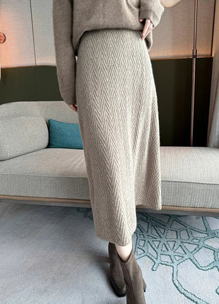 100% Cashmere Skirt Women's Mid-calf Dress Herring Bone High Waist High-end Versatile Knitted Skirt Autumn Winter Office Lady PlatiNum