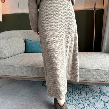 100% Cashmere Skirt Women's Mid-calf Dress Herring Bone High Waist High-end Versatile Knitted Skirt Autumn Winter Office Lady PlatiNum