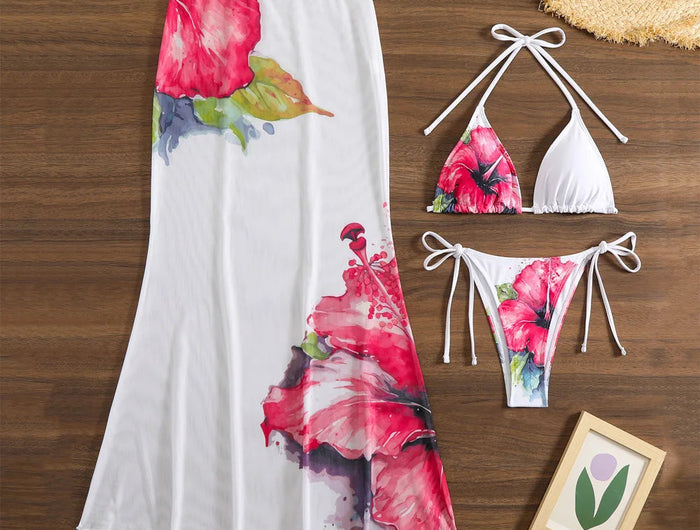 Costume da bagno 3 pezzi con stampa floreale grande con gonna lunga in rete Costume da bagno bikini micro perizoma da donna 2025 Costume da bagno estivo da spiaggia Biquini PlatiNum