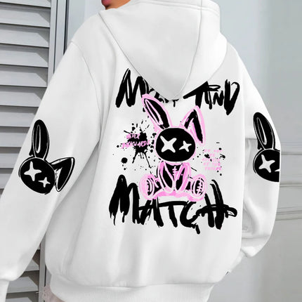 Mix And Match Cartoon Rabbit Prints Women Hoodie Pocket Streetwear Harajuku Loose Hoody All-Match Fleece Female Clothing
