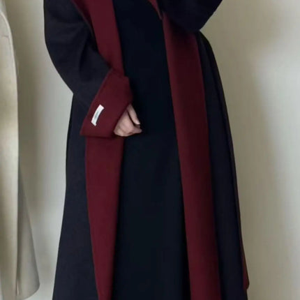 UCXQ Color Blocked Double Sided Wool Coat For Women Hooded Long Sleeved Belt Cardigan Coats 2025 Autumn Winter New Tide 23Z3934