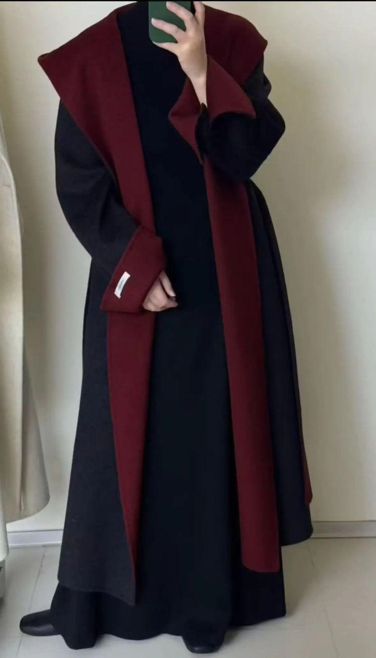 UCXQ Color Blocked Double Sided Wool Coat For Women Hooded Long Sleeved Belt Cardigan Coats 2025 Autumn Winter New Tide 23Z3934