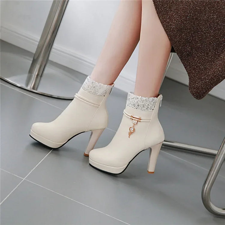 2023 Fashion High Heels Woman Booties Lace Design Princess Platform Party Wedding Womens Shoes White Black Ankle Boots Winter