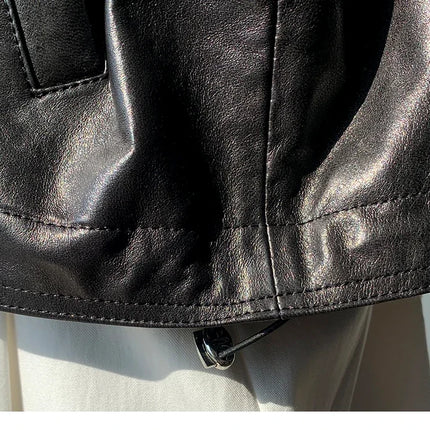 Waxed Sheepskin Genuine Leather Moto Biker Jacket Women Cropped Stand Collar Zip Up Snap Button Loose Casual Autumn Outwear 2026