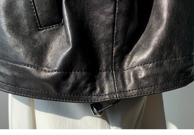 Waxed Sheepskin Genuine Leather Moto Biker Jacket Women Cropped Stand Collar Zip Up Snap Button Loose Casual Autumn Outwear 2026
