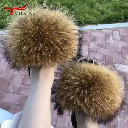 Real Raccoon Fur Slippers for Women 2023 Summer Fluffy Indoor Home Fuzzy Flat Slides Outdoor Fashion Beach Sandals Flip Flops