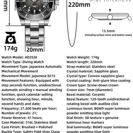 ADDIESDIVE Watch for Men Sapphire AR Coated Automatic Wristwatch 200m Waterproof  Super Luminous 8215 Mechanical Watches New