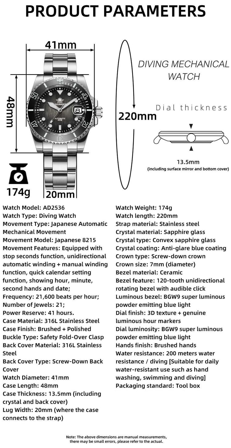 ADDIESDIVE Watch for Men Sapphire AR Coated Automatic Wristwatch 200m Waterproof  Super Luminous 8215 Mechanical Watches New