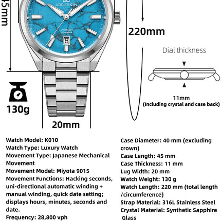 AddiesKIN K010 Turquoise Dial Automatic Mechanical Watch 20Bar Waterproof Sapphire Glass 9015 Movement BGW9 Luminous Men's Watch