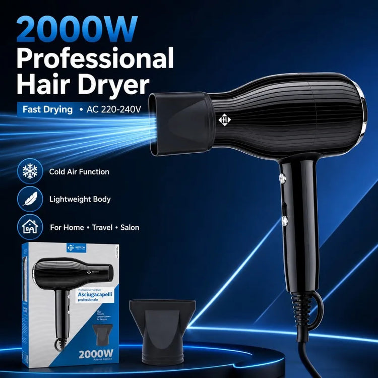 2000W WETECH Professional Hair Dryer AC 220‑240V Cold Air Blow Dryer Lightweight Black Hairdryer for Home Travel Salon Hair Styling