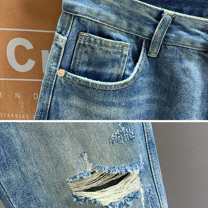 Ripped Jeans Men New Personality Fashion Vintage Blue Streetwear Baggy Denim Pants Casual Tapered Hole Frayed Trousers Male PlatiNum