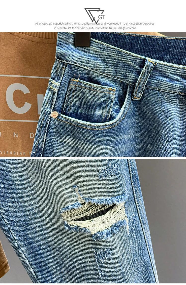Ripped Jeans Men New Personality Fashion Vintage Blue Streetwear Baggy Denim Pants Casual Tapered Hole Frayed Trousers Male PlatiNum