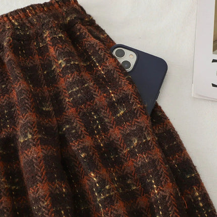 Art Mori Girls Woolen Skirts New 2025 Autumn Winter Basics Woman Cute Sweet Japanese Preppy Style Retro Vintage Long Plaid Skirt PlatiNum