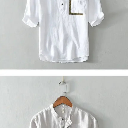 Men's High-End Loose Spring and Summer Chinese Style Short-Sleeved Cotton Linen Casual Breathable Shirt Collar T-shirt