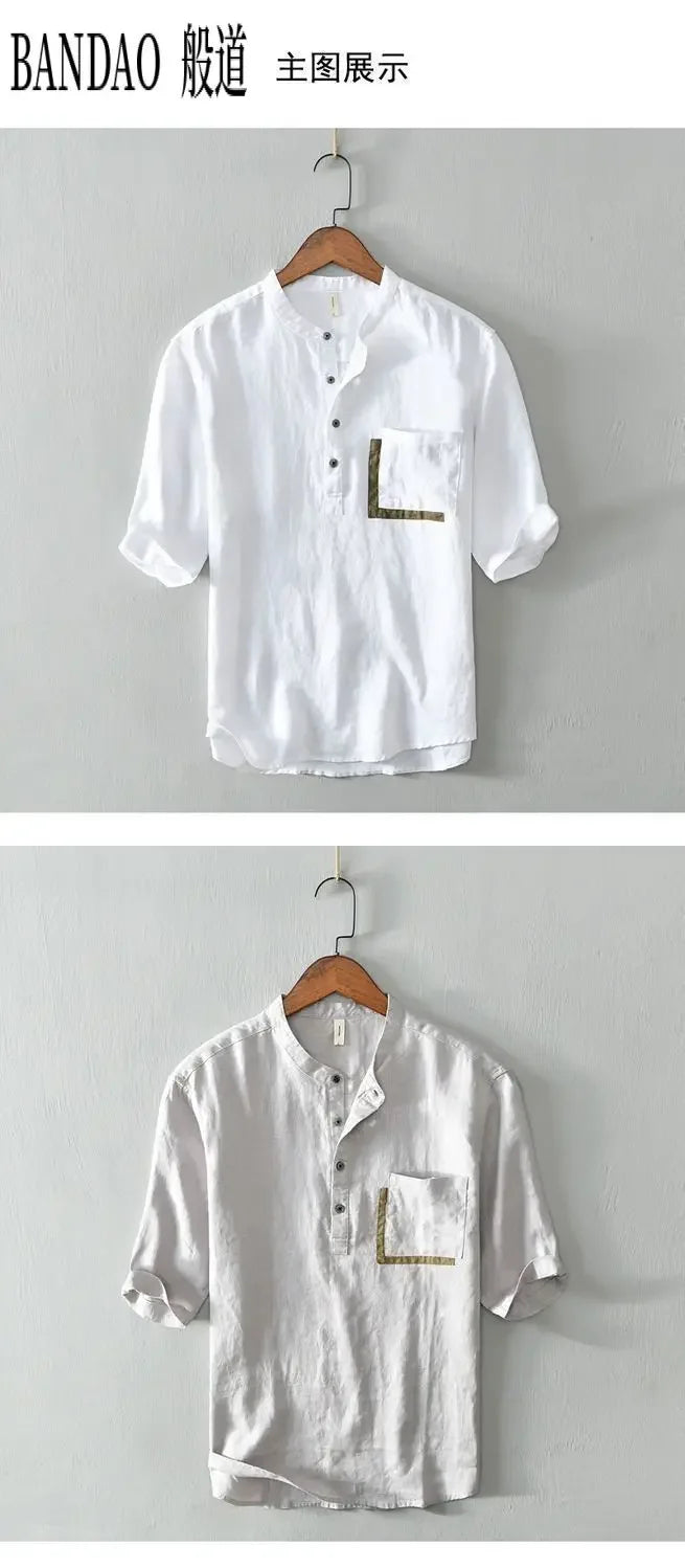 T-shirt con colletto della camicia traspirante casual in lino di cotone a maniche corte da uomo di fascia alta allentata primavera ed estate in stile cinese