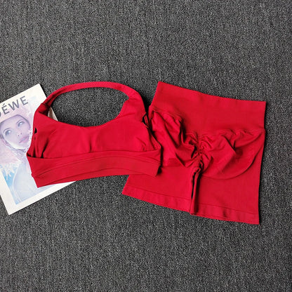 2PCs Peach High Waist Belly Hip Lifting Sports Bras Shorts Suit Gathering Shock-proof Neck Halter Yoga Suit Running Fitness Set