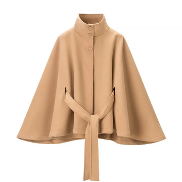 KIDCRKJ Women Spring Lace Up Coat High Neck Jackets Faux Wool Blends Cape Coatsfor Lady  Warm Elegant Chic Female Cloak Coat