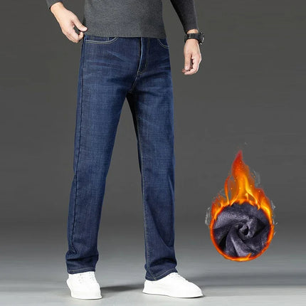 2026 Winter Thermal Stretch Jeans Men New Loose Straight Leg Casual Trousers Male Daily Commute Windproof Denim Pants