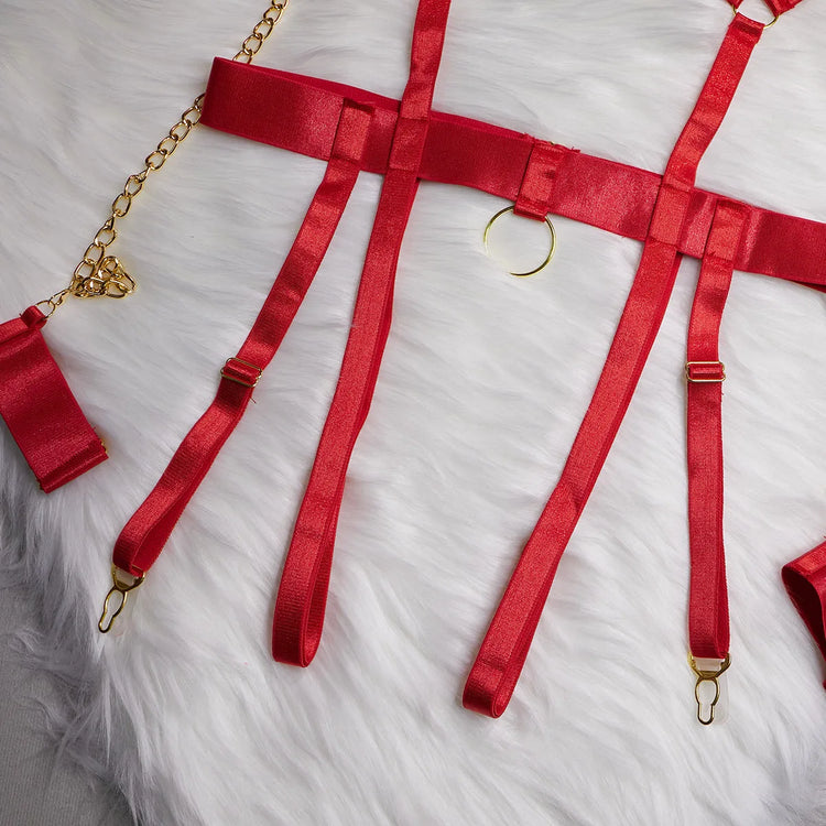 Fashion Sexy Seductive Chain Lingerie Four Piece Set Women's Solid Exotic Apparel Suit Female Stain Pure Desire Style Underwear