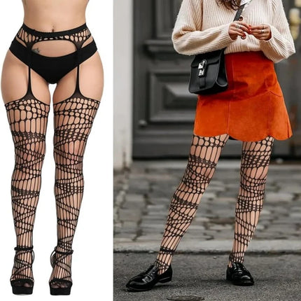 Calze a rete sexy da donna da 3 pezzi Collant con reggicalze alti fino alla coscia con reggicalze Design con motivo scavato per uso occasionale