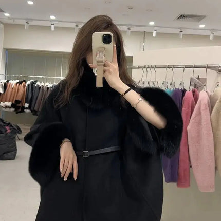 UCXQ Korean Style Two Sided Cloak Overcoat For Women Fur Collars Belt Loose Long Coats 2025 Winter New 23Z2284