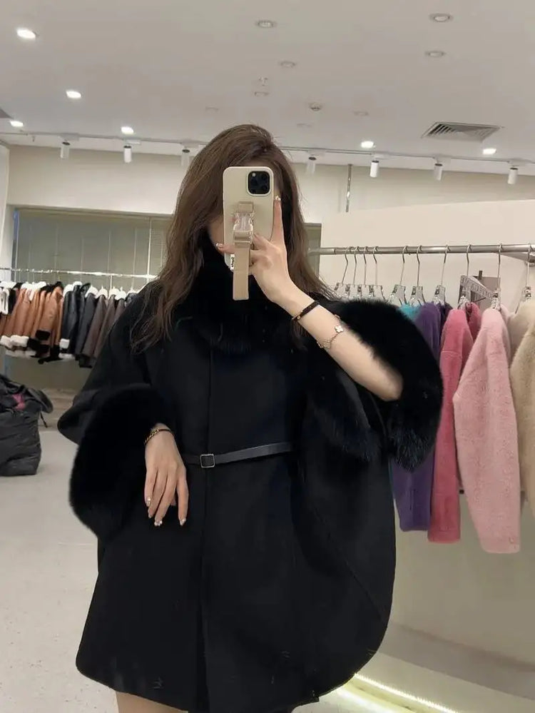 UCXQ Korean Style Two Sided Cloak Overcoat For Women Fur Collars Belt Loose Long Coats 2025 Winter New 23Z2284